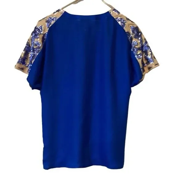 NWT Tracy Reese x Neiman Marcus Blue Sequin Short Sleeve Blouse Top S - Picture 10 of 12